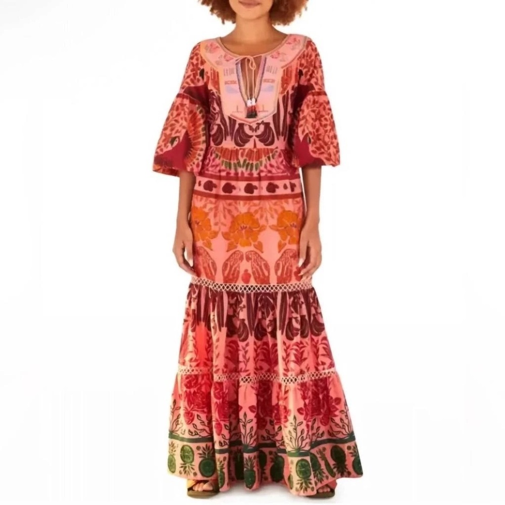 FARM Rio Anthropologie Anika Floral Macaw Maxi Dress Sz M Embroidered $345 EUC